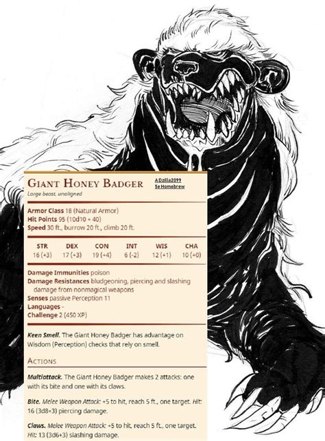 Their sickle-shaped claws can easily shear through flesh, and their incredible speed makes them hard to escape from. . Cave badger 5e stats